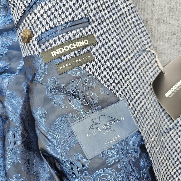 Indochino Blazer Mens 36 Houndstooth Guabello Libera Wool Linen Preppy Blue Suit - Picture 3 of 16